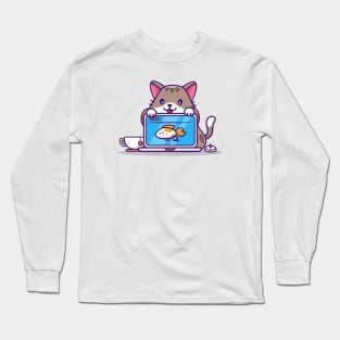 Cute Cat And Laptop Long Sleeve T-Shirt